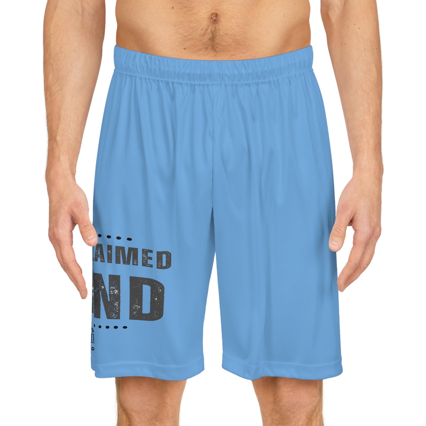 SELF-PROCLAIMED LEGEND Basketball Shorts — Light Blue Bold Distressed Text