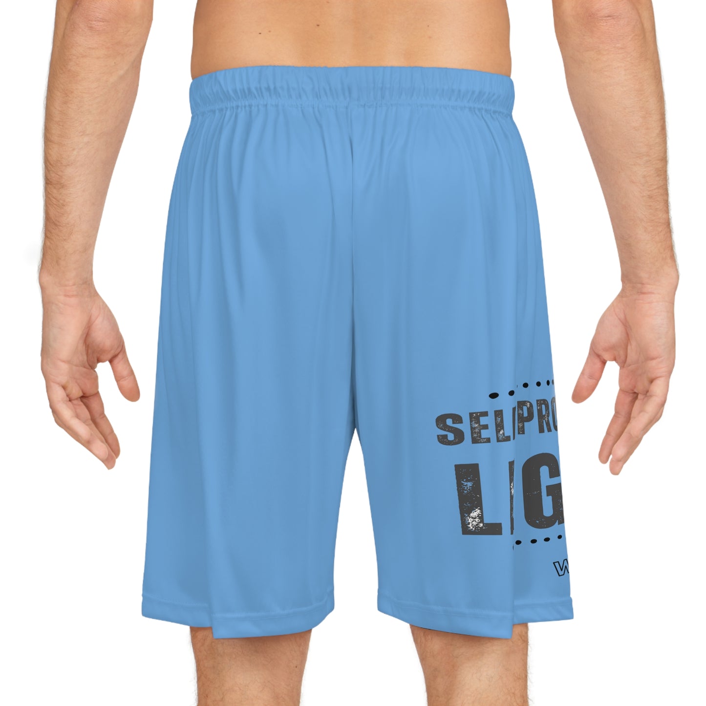 SELF-PROCLAIMED LEGEND Basketball Shorts — Light Blue Bold Distressed Text
