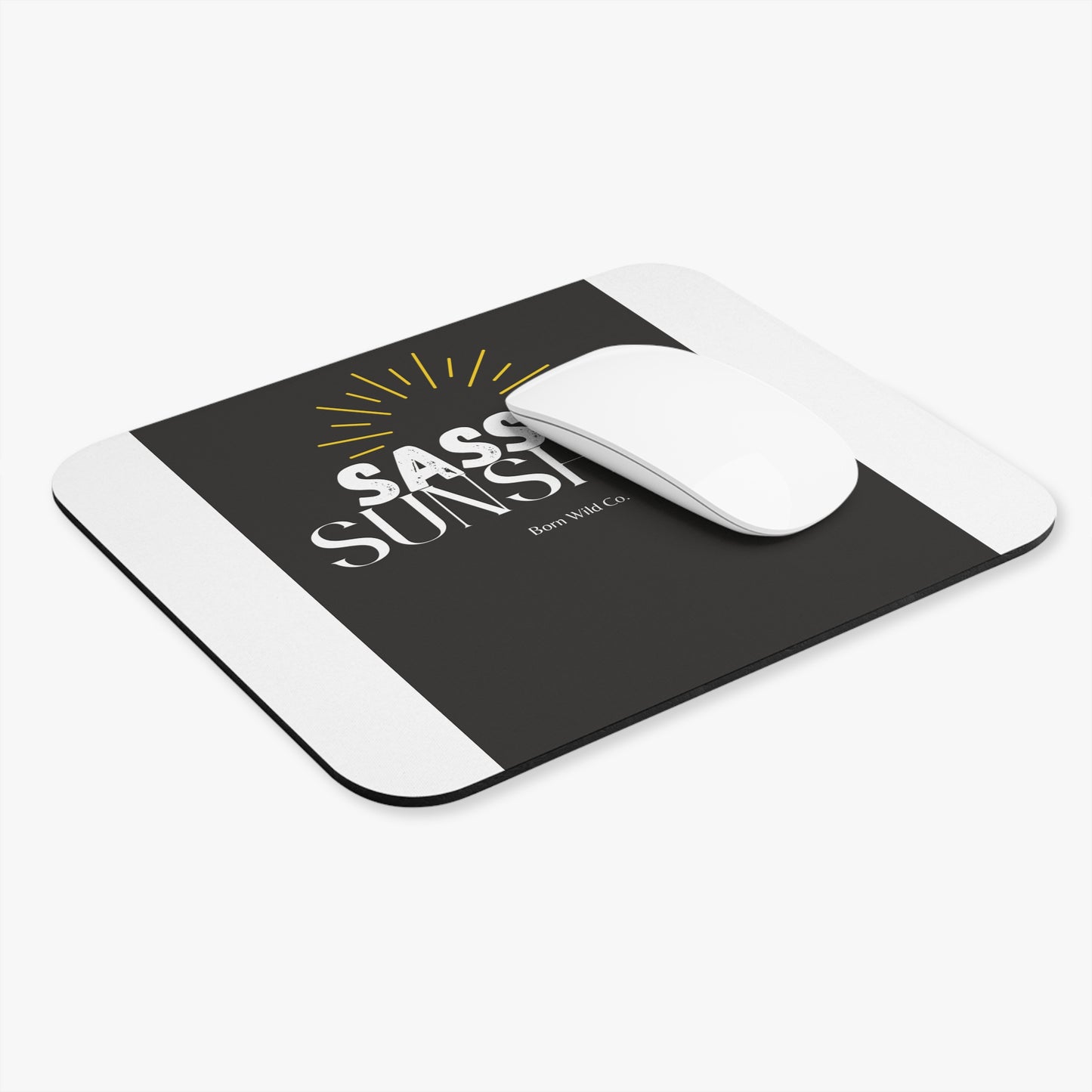 Sass & Sunshine Rectangle Mouse Pad — Chic Black Desk Mat with Sunburst Quote